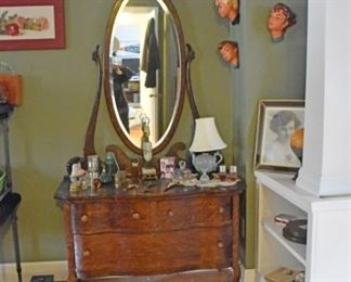 Antique Dresser Mirror, Perfumes, Lamps, Pottery Head Art