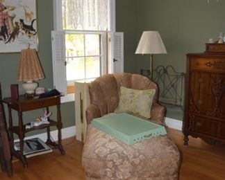 Lounge Sofa, End Table, Floor Lamp, Dresser, Tray, Cast Headboard, Footboard