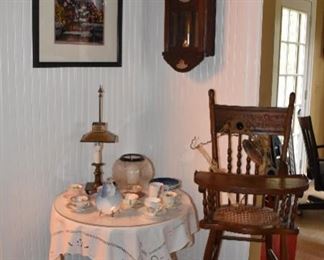 Antique Clock, Tea Cups, High Chair, Light, Lamp, Table, Art