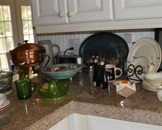 Bizarre by Clarice Newport Pottery, Depression Glass Measuring Cup, Juicer, Plates, S & P, Kusui Figurine Toothpick Holder, Fire-king Covered Dish, MCM Dishes