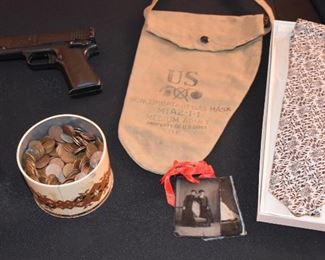 US Gas Mask Bag, Wheat Pennies, Tin Types, Mickey Tie, BB Pistol
