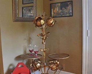 Vintage Gold Leaf Gilded Metal Italian Lamp with Trays/Tables & Art Work and Beveled Mirror