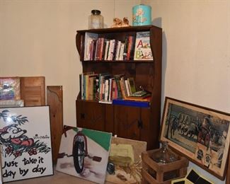 Art, Shutters, Bookcase China, Glass Jug Beer Sign, Canister, Books