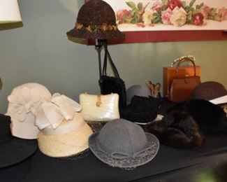 Nice Vintage Hat Collection including Leopard Hat, Mink & Leather by Ives Saint Laurent, I Magnin  & Vintage Purses, Scarfs, Purses, Framed Art,