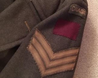 WWII Canadian army "greatcoat" (overcoat) & beret. Winter Issue, sz. M. Sgt strips insignia attached-with Red German Square