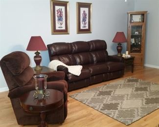 La-z-boy leather sofa with recliners at each end.  Cloth upholstered power lift recliner