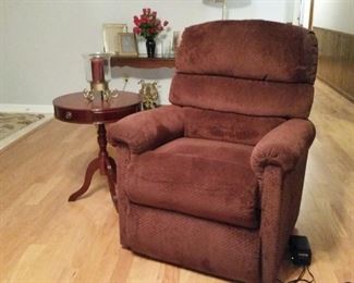 La-z-boy power lift recliner and vintage mahogany drum table