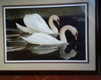 Swans lithograph, signed and numbered, framed and linen matted, large.