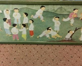 Chinese children at play print, framed, long.
