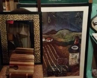 Ladderback chair, wine country print, leopard print mirror, individual cheeseboards, etc.