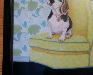 Beagle on an easy chair, framed