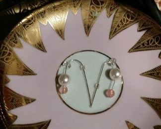 silver pearl and pink earrings