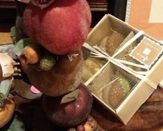 Autumn things - boxed acorn candles, set of 3 candied fruit candle stick holders, etc