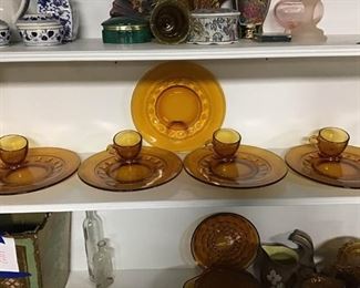 Vintage Amber Glass Plates with cups