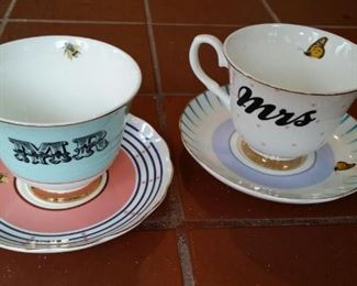 Bee and butterfly matching porcelain Mr. and Mrs. tea cups