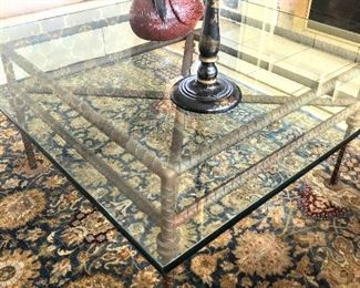 Sq. Coffee Table, Thick Rebar Base w/ "X" Stretchers Over Post Legs, 3/4" Polished Bullet Edge Glass Top, 19"H x 40" x 40"W