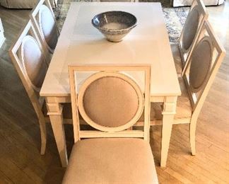 Dining Table, Custom Made, Skirt Patterned w/ Raised Blocks, Tapered Legs, Two-tone White Lacquer Finish, Six Berhardt Chairs