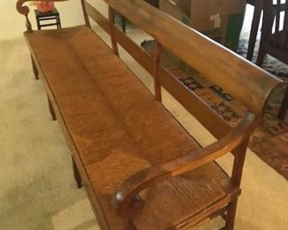#3 Large antique American bench 7’ or more. Rush seat