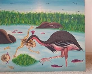 #33 Haitian oil painting depicting birds and frogs 