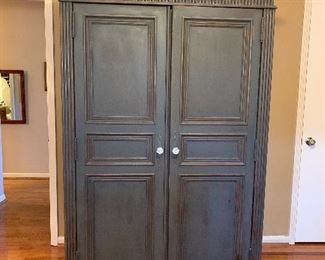 #30	Beautiful blue distressed armoire  with two full sized mirrored doors and 7 drawers 49"x23.5"x76"	 $100.00 

