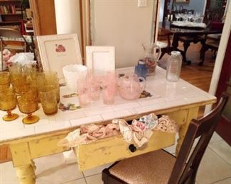Tile topped farm table, mid century lemonade set