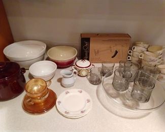 Smoke glass tumblers, crock bowls, pampered chef, pedestal server, etc