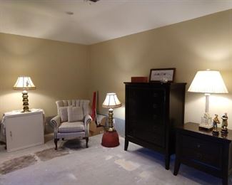 Pair of spool lamps, ashley chest, 1950s armchair