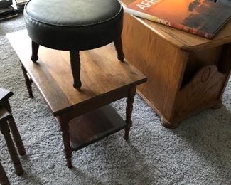 Coffee and end tables, mid century foot stool. 