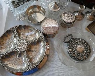 Fine Wallace Sterling divided floral bowl, Lalique Tray on right