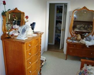 Vintage bedroom set - tall boy chester drawers, dresser with mirror and queen bed set.