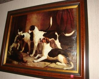 Framed picture of hunting dogs.