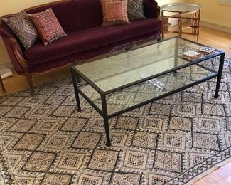 Tunisian woven rug, Pottery Barn coffee table, Beautifully restored American Sofa in burgundy velvet 