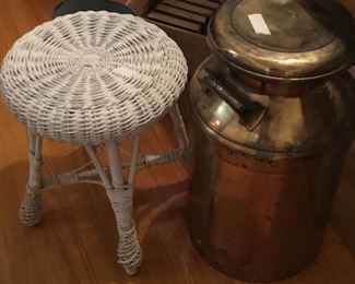 Wicker stool & vintage milk can