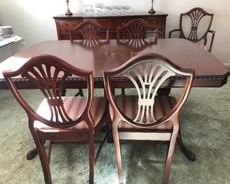 Duncan Phyfe Mahogany Dining Room Set with 6 shield back chairs, 2 leaves and pads, china cabinet and buffet