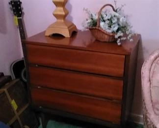 Mid Century Modern 3 drawer chest with MCM Lamp, guitar