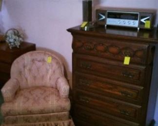 Dresser of drawers, boudoir chair, Commodore Steromatic Futuristic AM/FM radio.