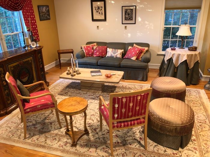 Living room sofa, chairs, table & area rug