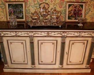 “Historic Newport” collectionTable by E.J. Victor, with 10 matching upholstered dining chairs,  sideboard, and china cabinet