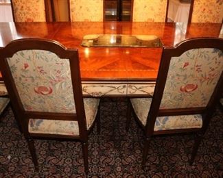 “Historic Newport” collection Table by E.J. Victor, with 10 matching upholstered dining chairs,  sideboard, and china cabinet
