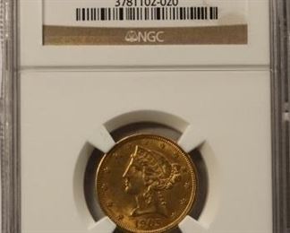 1905 $5 Gold coin MS62