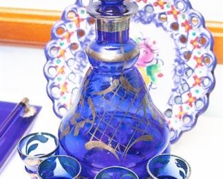 Antique Cobalt Blue Glass Decanter & Four Glasses Silver Overlay