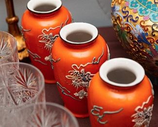 1930's - 1940's JAPAN Vintage Orange Dragonware Moriage Small Vast Japanese Dragon