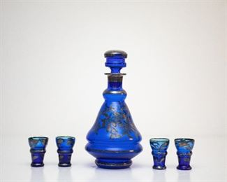 Sterling Silver Overlay Cobalt Blown Glass Liqueur Decanter and 4 Glasses