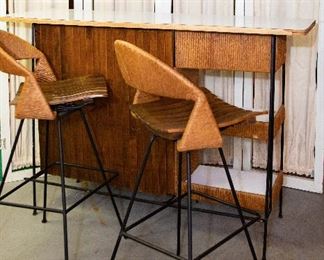 1970's Tiki Bar with 2 Bar Stools