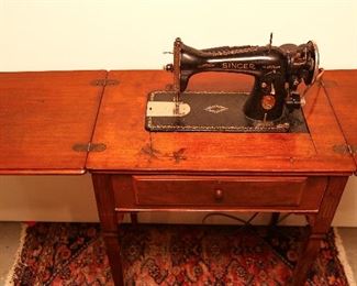 Antique Singer Sewing Machine with Attached Lamp Light and Cabinet 