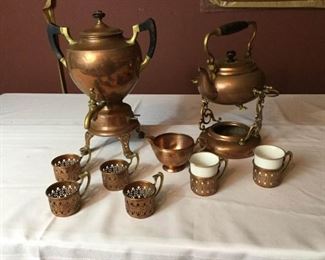 Vintage Manning Bowman Copper Coffee Pot, Tea Kettle, and Cups https://ctbids.com/#!/description/share/276395