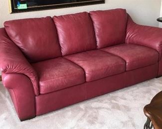 	Red/Burgundy Leather Three Cushion Couch