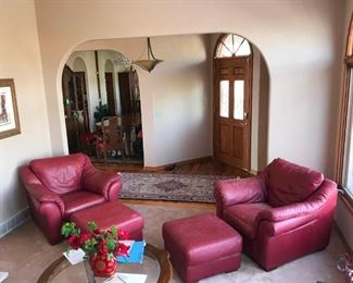 Set of Two each - Red/Burgundy Leather Chairs with Matching Ottomans