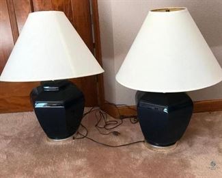 Two Deep Blue Lamps with Shades	
Matching lamps with deep blue bases and shades; 18"w x 27"h