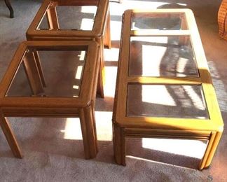 Three-Piece Set of Wood and Glass Tables